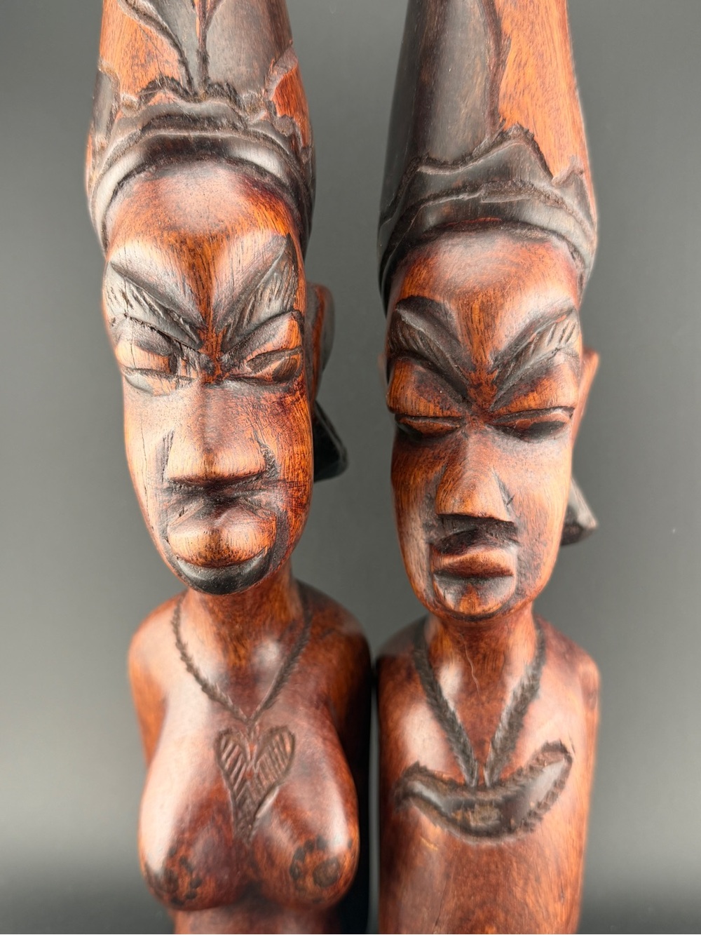Matching Pair of Vintage African Hand-carved Wooden Busts 14.25” Tall